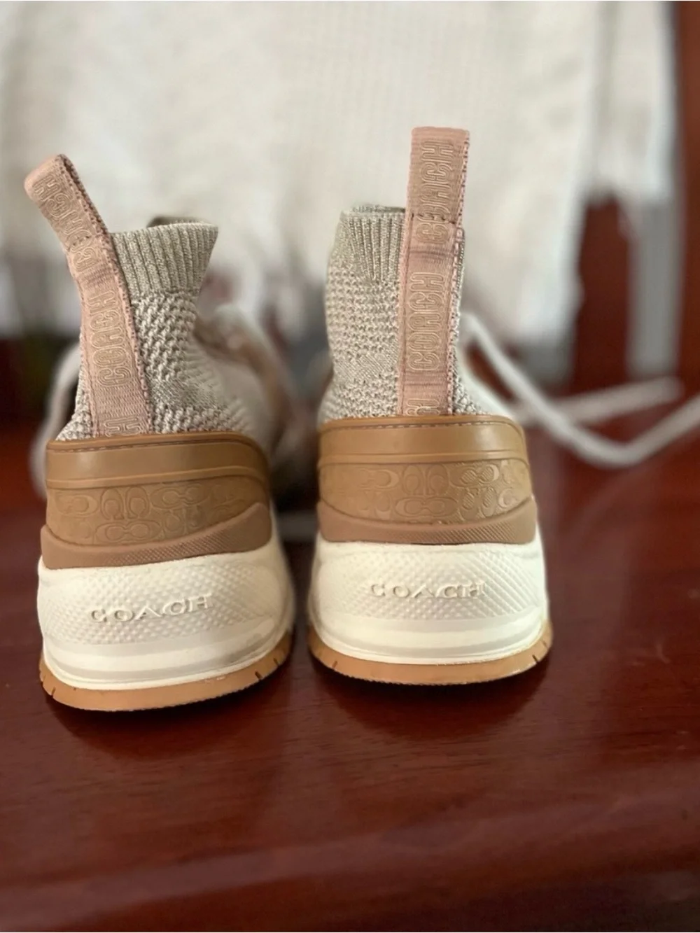 Coach Knit High-Top Sneakers in Beige, Tan and Cream